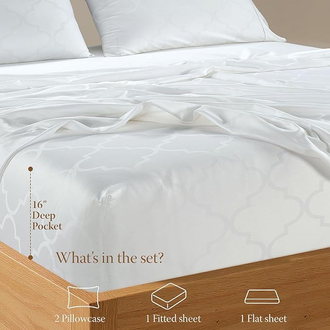 Threadmill Cotton Queen Sheet Set | 100% Cotton Sheets for Queen Size Bed | Damask Jacquard Queen Bed Sheets Set with 16” Deep Pocket | Soft Sateen Weave 4-Piece Cooling Bedding Set | White