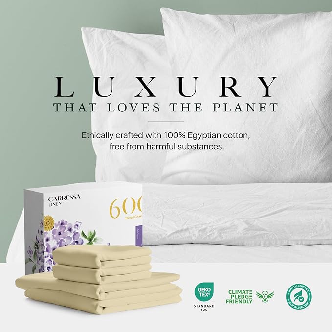 Carressa Linen 100% Egyptian Cotton California King Size Sheet Set - Luxury 600 Thread Count Cotton Sheets Cal King Size (Beach Sand), Soft, Cooling, Sateen Weave 16" Deep Pocket Hotel Quality Sheet