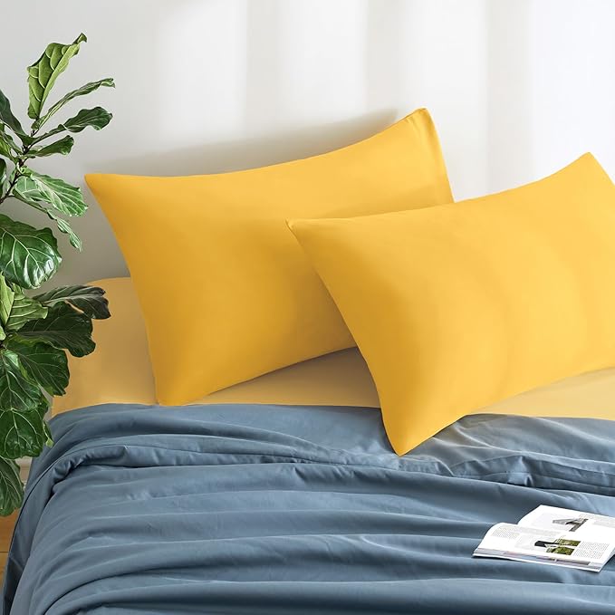 MILVOWOC 2Pcs Brushed Microfiber King Pillowcases - 20 x 36 Inch, Yellow Pillow Case Set Non Slip Envelope Pillow Cover with Moisture Absorption and Anti-Wrinkle