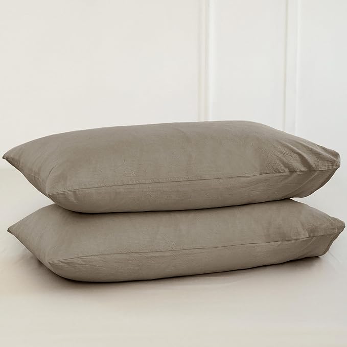 MooMee Bedding Pillowcases Pack of 2 100% Washed Cotton Linen Like Textured Breathable Durable Soft Comfy (Solid Mocha Brown, King)