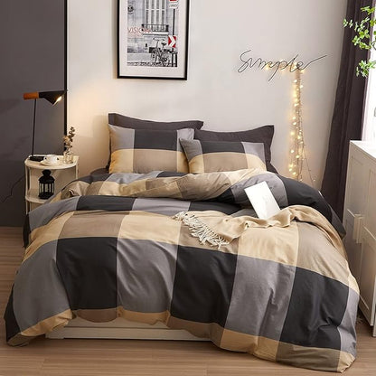HighBuy King Size Comforter Set Khaki Plaid Comforter Sets King Gingham Checkered Grid Bedding Comforter Modern Geometric Pattern King Bed Comforter Set for All Seasons with 2 Pillowcases