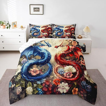 Castle Fairy Chinese Loong Kids Comforter Set,Wild Animals Dragon Bedding Set All Season,Watercolor Flowers Comforter 2 Pcs with 1 Pillowcase,Toddler Size