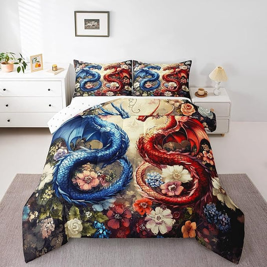 Castle Fairy Chinese Loong Kids Comforter Set,Wild Animals Dragon Bedding Set All Season,Watercolor Flowers Comforter 2 Pcs with 1 Pillowcase,Toddler Size