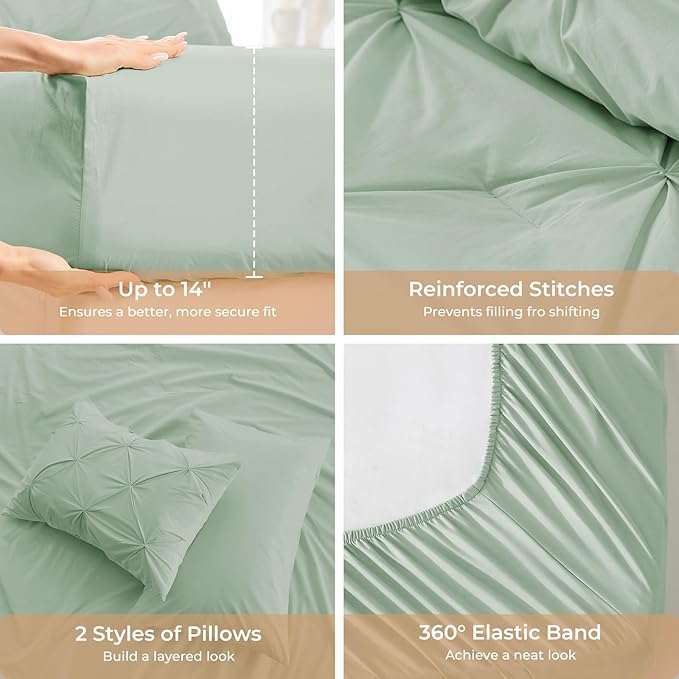 Sasttie California King Comforter Set, 7-Piece Bed in a Bag, Pintuck Bedding Sets for All Season, Includes Comforter, Flat Sheet, Fitted Sheet, Pillowcases and Pillowshams, Light Sage Green