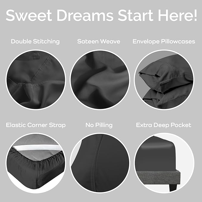 Viscose Bamboo Sheets Queen Size 4PC Set - Cooling Bedding for Hot Sleepers with Moisture Wicking Technology - Silky Soft 18 Inch Deep Pocket - Charcoal 60"x 80"