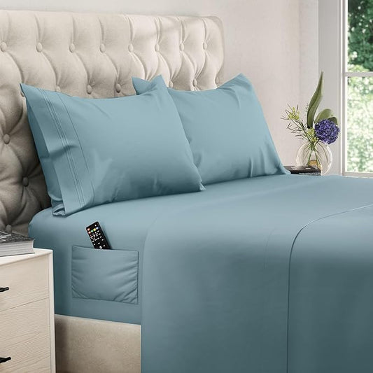 DREAMCARE King Size Sheets Set - Cooling Bed Sheets - 4pcs Set - up to 15" Deep Pocket King Sheet Set – Soft & Long Lasting Cooling - 100% Fine Brushed Microfiber with Side Pocket - Mineral Blue