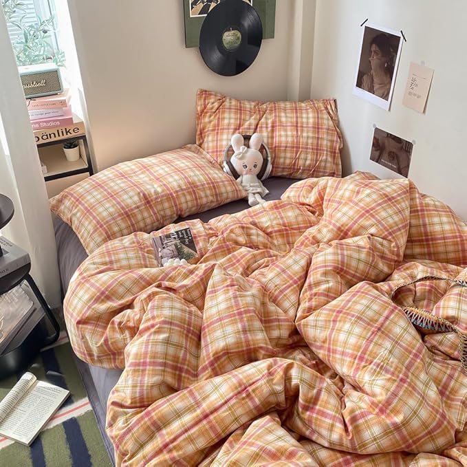 EAVD Vintage Style Gingham Duvet Cover King Soft 100% Washed Cotton Bedding Set with Colorful Grid Checkered Reversible Plaid Bedding Set for Men Women Modern Grid Plaid Duvet Cover with Zipper