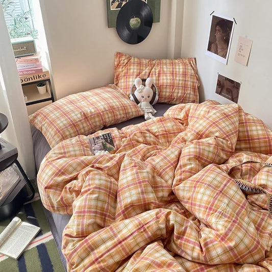 EAVD Vintage Style Gingham Duvet Cover King Soft 100% Washed Cotton Bedding Set with Colorful Grid Checkered Reversible Plaid Bedding Set for Men Women Modern Grid Plaid Duvet Cover with Zipper