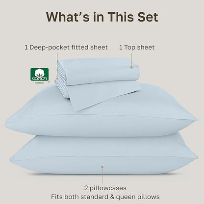 California Design Den Cotton Bed Sheets Queen Size Set - Luxury Hotel 800 Thread Count Sateen, Natural 100% Cotton Sheets Queen Size Set, Durable Deep Pockets Bedding Set - Blue (Grey Tone)