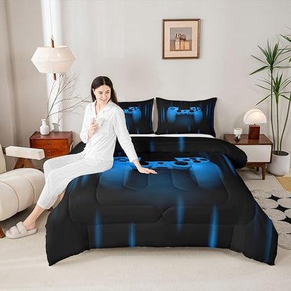 Feelyou Boys Gamer Comforter Set Full Size Bedding Set for Kids Gaming Comforter Blue Black Video Games Gamepad Room Decor for Teens Child Super Soft Geometric Duvet Quilted Son Grandson Gift