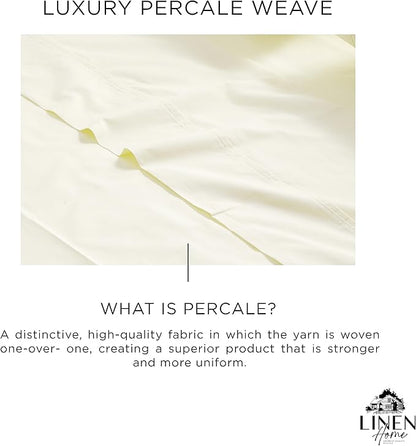 Linen Home 100% Cotton Percale Sheets Twin Size, Cream, Deep Pocket, 3 Pieces Set - 1 Flat, 1 Deep Pocket Fitted Sheet and 1 Pillowcase, Crisp Cool and Strong Bed Linen