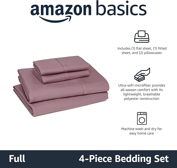 Amazon Basics Lightweight Microfiber 4-Piece Bed Sheet Set, Full, Rose, Solid