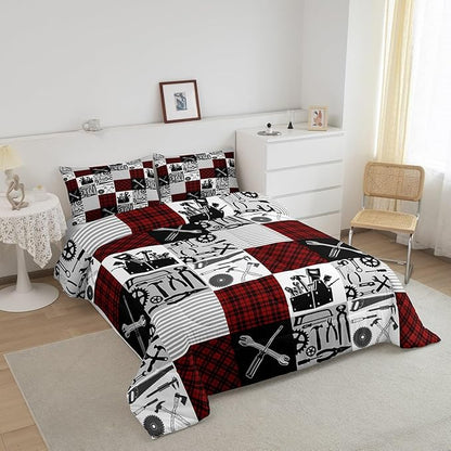 Kids Boys Car Bedding Set Full Size Farmhouse Gingham Check Comforter Wrench Repair Outfit Comforter Set Red Black Duvet Set 3Pcs Quilt Set 1 Comforter Set with 2 Pillowcase