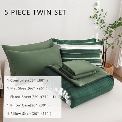 KAKIJUMN 5 Piece Bed in a Bag Stripe Comforter Set Twin Size, White Grey Green Patchwork Striped Comforter and Sheet Set, All Season Soft Microfiber Complete Bedding Sets(Dark Green,Twin)
