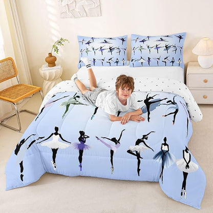 Erosebridal Girl Comforter Set Queen Size Ballet Bedding Set for Girls Women Kids Teens Dancing Theme Down Comforter Classical Graceful Style Warm Soft 3 Pieces Bedroom Decor Quilt Set
