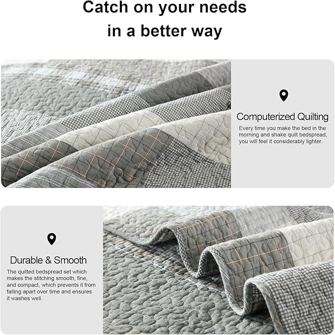 PANGUSHAN Quilts Set Queen Size,100% Cotton Patchwork Plaid Queen Quilt Bedding Set Bedspread for Queen Bed,Grey(Gray)/Cream/Khaki Farmhouse Rustic Reversible Lightweight Comforter Bed Cover,3 Pieces