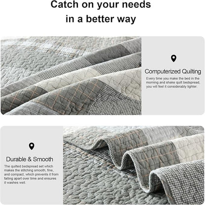 PANGUSHAN Quilts Set Queen Size,100% Cotton Patchwork Plaid Queen Quilt Bedding Set Bedspread for Queen Bed,Grey(Gray)/Cream/Khaki Farmhouse Rustic Reversible Lightweight Comforter Bed Cover,3 Pieces