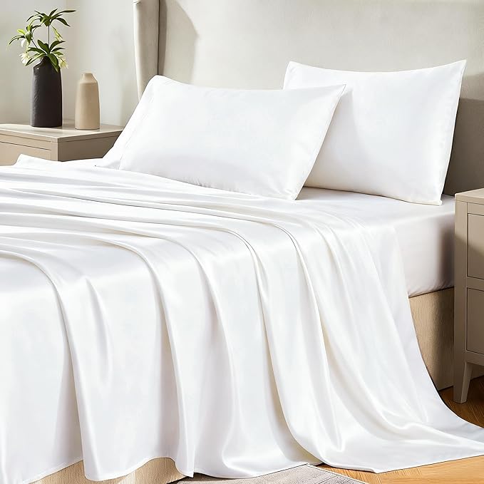 CozyLux Satin Sheets Twin XL Sheets - 3 Piece Silky XL Twin Sheet Set, Luxury Extra Long White Sheet with Smooth and Soft Microfiber, Includes 1 Fitted Sheet, 1 Flat Sheet and 1 Pillowcase
