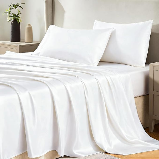 CozyLux Satin Sheets Twin XL Sheets - 3 Piece Silky XL Twin Sheet Set, Luxury Extra Long White Sheet with Smooth and Soft Microfiber, Includes 1 Fitted Sheet, 1 Flat Sheet and 1 Pillowcase