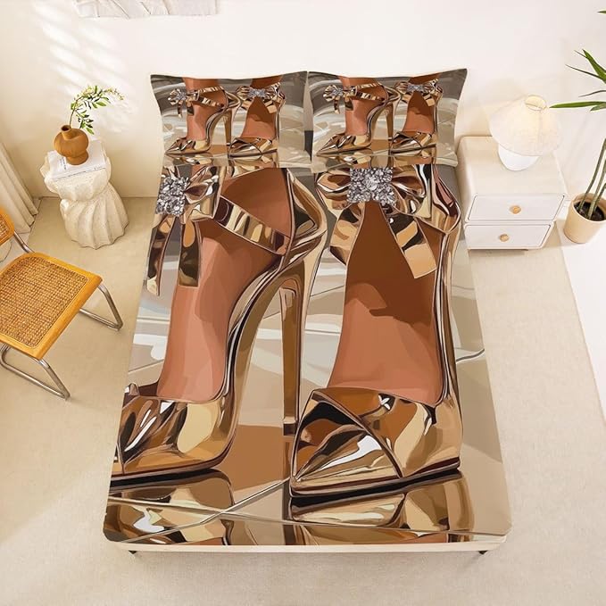 Erosebridal High-Heels Girlish Girls Bed Sheets Full Size Romantic Fashion Fitted Sheet Fashionable Gorgeous Bedding Set for Kids Children Women Bedroom Decor Modern Minimalist Gold Sheets