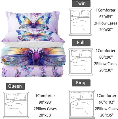 Lavender Comforter Set King Size,Violet Flower Butterfly 3 Piece Bedding Set Lightweight Down Alternative Spring Violet Bed Comforter and 2 Pillowcases for All Seasons