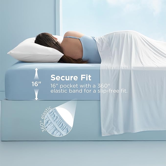 Bedsure Cooling Fitted Sheet King Size for Hot Sleeper, King Fitted Sheet Only with 360° Elastic Band, Q-Max 0.4, Temperature Regulation Bedding for Night Sweats, 16" Deep (up to 18"), Blue