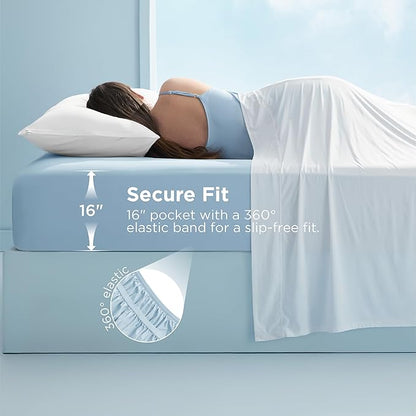 Bedsure Cooling Fitted Sheet King Size for Hot Sleeper, King Fitted Sheet Only with 360° Elastic Band, Q-Max 0.4, Temperature Regulation Bedding for Night Sweats, 16" Deep (up to 18"), Blue