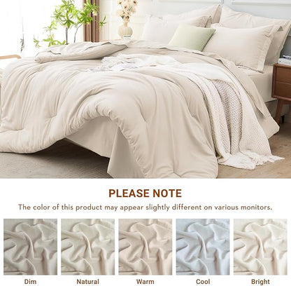 MUXHOMO 7 Pieces California King Comforter Set, Soft Bed in a Bag Cal King Size, All Season Bedding Set with Comforter, Flat Sheet, Fitted Sheet, Pillowcases & Shams, Beige
