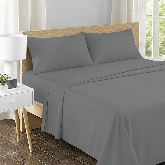 Feather & Stitch 500 TC Full Size 4pc Damask Bed Sheet Set, 100% Soft Cotton Breathable Bedsheets, 18" Deep Pockets Sateen Weave Striped Bedding Mattress Resort Hotel Luxury Decor - (Charcoal Slate)