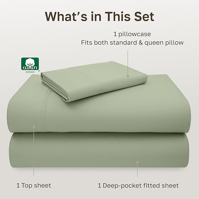 California Design Den Natural 100% Cotton Sheets Twin XL Size Set - Luxury 600 Thread Count Sateen, Fully Elasticized Deep Pocket Bedsheets, Cool and Durable Bedding for Dorm Room - Laurel Green
