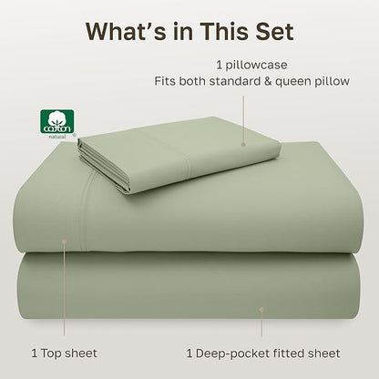 California Design Den Natural 100% Cotton Sheets Twin XL Size Set - Luxury 600 Thread Count Sateen, Fully Elasticized Deep Pocket Bedsheets, Cool and Durable Bedding for Dorm Room - Laurel Green