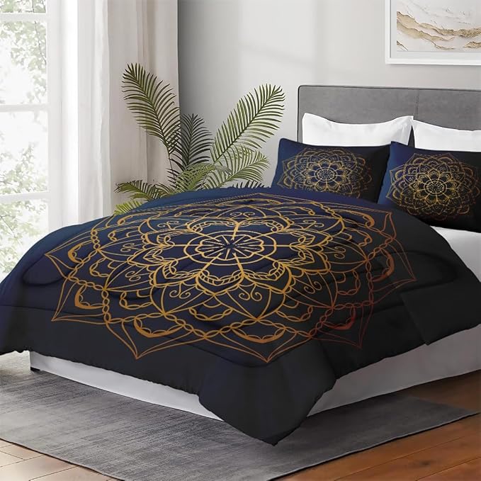 King Size Comforter Set with 2 Pillowcases, Navy Blue Boho Gold Mandala Soft 3 Pcs Bedding for Kids and Adults Bedroom Bed Decor