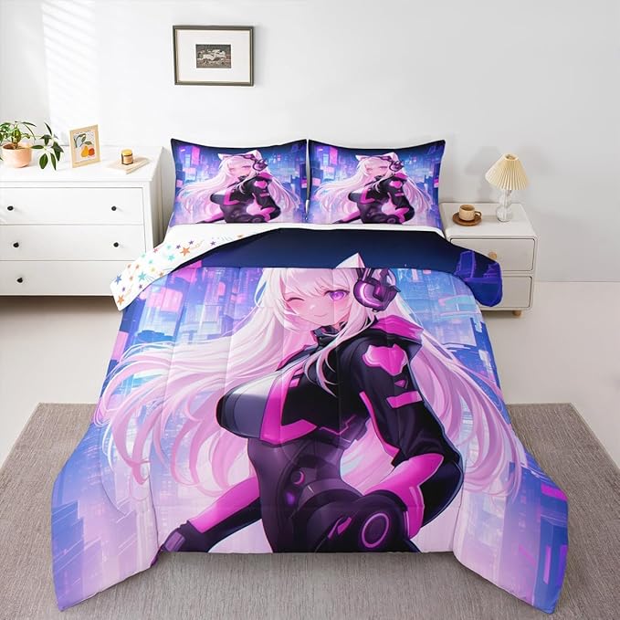 Erosebridal Full Anime Girl Comforter Set 3 Piece, Kawaii Japanese Anime Bedding Set Cartoon Girl Bedding Comforter Sets Sci Fi Style Japanese Animation Quilt for Kids Girls Teens Adult Room