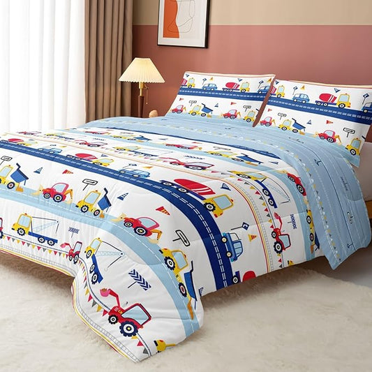 Axolotl Cartoon Car Kids Comforter Set Full,Construction Bedding Set Trucks Excavator Tractor Bed Set with 1 Quilt 2 Pillowcases for Boys Girls Teens Adults Bedroom Decor(Blue Red)