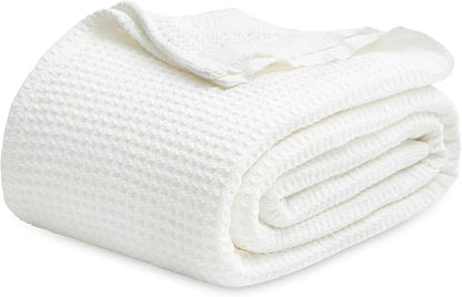 Bedsure Gentlesoft 100% Cotton Blanket King Size for Bed - Cooling Breathable and Soft for Spring Summer, Thick Cozy Waffle Weave Blanket Gifts for Women, White, 104x90 inches