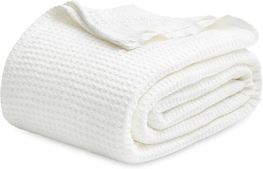 Bedsure Gentlesoft 100% Cotton Blanket King Size for Bed - Cooling Breathable and Soft for Spring Summer, Thick Cozy Waffle Weave Blanket Gifts for Women, White, 104x90 inches