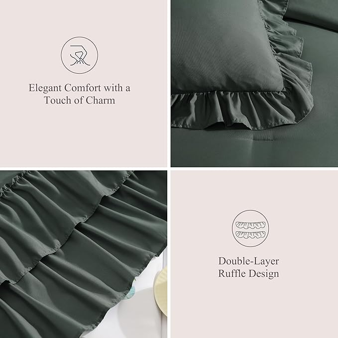Queen Comforter Set Forest Green, Ruffle Shabby Chic Bedding Set Farmhouse 7 Pieces, All Season Fluffy Bed in a Bag with Sheets, Pillowcases & Shams