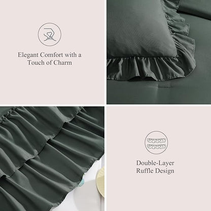Queen Comforter Set Forest Green, Ruffle Shabby Chic Bedding Set Farmhouse 7 Pieces, All Season Fluffy Bed in a Bag with Sheets, Pillowcases & Shams
