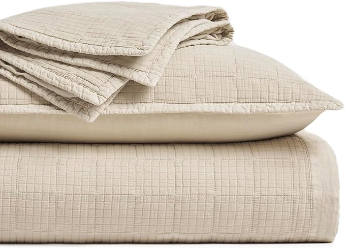 EVERGRACEHOME Stonewashed Cotton Quilt Set Full Queen Size, Ultra Soft Oversized Bedspread Coverlet Set, Lightweight Crinkle Box Stitch Bedding Sets for All Season, with 2 Shams, Flax Beige