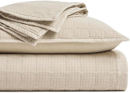 EVERGRACEHOME Stonewashed Cotton Quilt Set Full Queen Size, Ultra Soft Oversized Bedspread Coverlet Set, Lightweight Crinkle Box Stitch Bedding Sets for All Season, with 2 Shams, Flax Beige