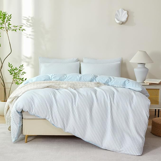 Comforter Queen Set Light Blue Striped Soft Luxury Washed Microfiber Jacquard 3 Pieces Bedding, White Light Blue Vertical Ticking Stripes Comforter with 2 Pillowcases Breathable Durable Comfy