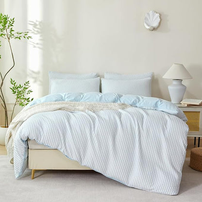 Comforter King Set Light Blue Striped Soft Luxury Washed Microfiber Jacquard 3 Pieces Bedding, Light Blue Vertical Ticking Stripes Pattern Comforter with 2 Pillowcases Breathable Durable Comfy