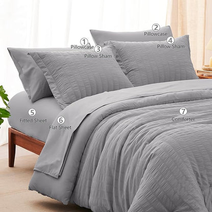 CozyLux Queen Comforter Set Grey Seersucker 7 Pieces Bed in a Bag Queen Comforter Set with Sheets, Gray Luxury Soft Bedding Set with Down Alternative Comforter, Sheets, Pillowcases & Shams All Seasons