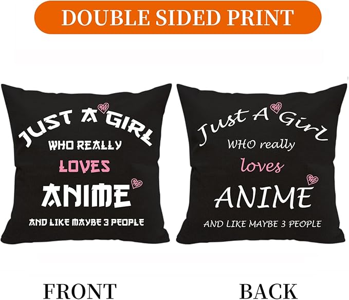 Anime Lover Gifts for Girls Two Sided Throw Pillow Cover - Just A Girl Who Really Loves Anime 18"x 18"(Black)