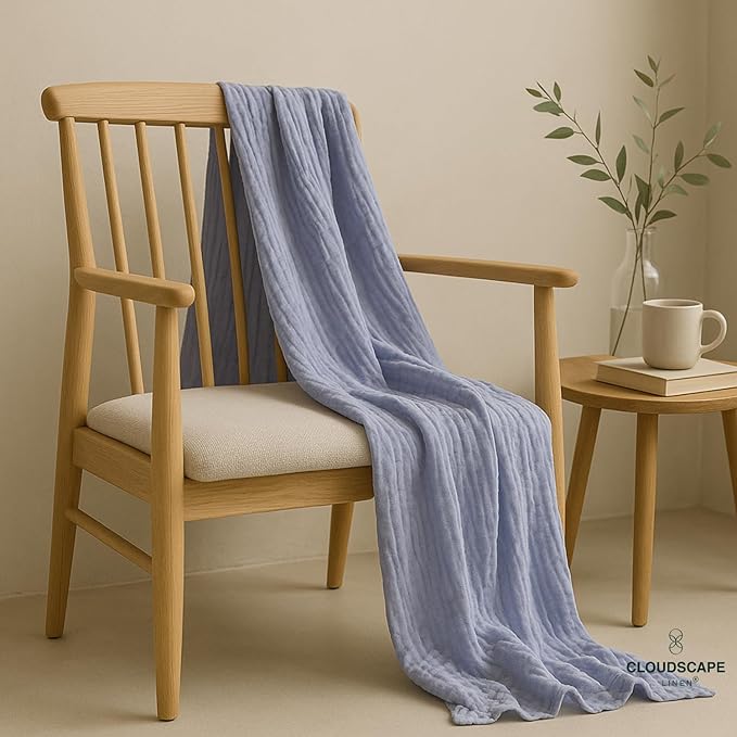 CLOUDSCAPE 100% Cotton Muslin Throw Blanket for Adults - 4 Layer 50x70 Oversized Breathable Gauze Bedding, All Season Spring Gift, Cozy Lightweight Throw for Sofa, Couch, Home Decor - Lavender Blue