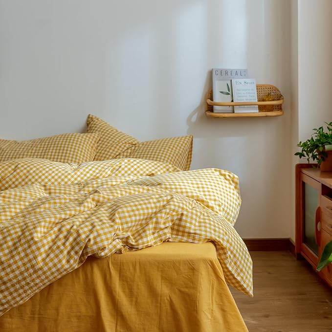 mixinni Yellow Gingham Comforter Set Full, Plaid Comforter Set 3 Pieces 1 Yellow Grid Comfoter with 2 Pillow Cases for All Seasons, Soft Fluffy Modern Grid Pattern Printed Bedding-Full Size