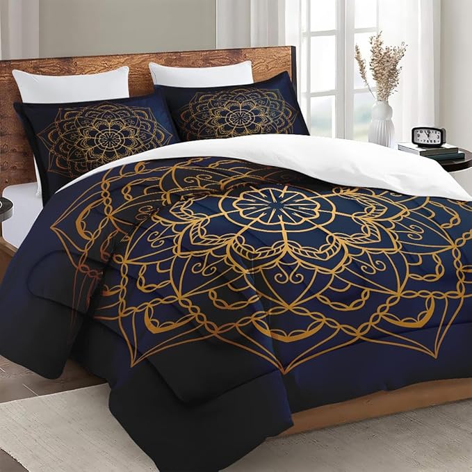 King Size Comforter Set with 2 Pillowcases, Navy Blue Boho Gold Mandala Soft 3 Pcs Bedding for Kids and Adults Bedroom Bed Decor