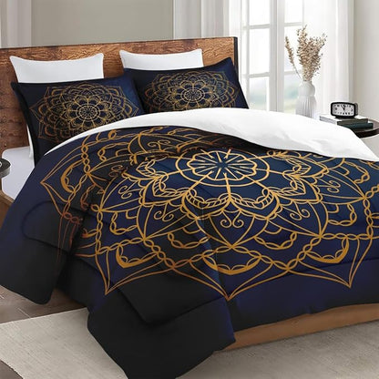 Twin Size Comforter Set with Pillowcase, Navy Blue Boho Gold Mandala Soft 2 Pcs Bedding for Kids and Adults Bedroom Bed Decor