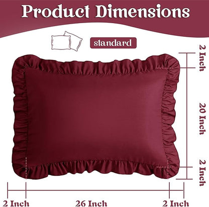 KKJIAF Ruffle Pillow Cases Standard Size Set of 2, Ruffled Pillow Covers with Envelope Closure, Wrinkle Resistant Ruffled Pillow Shams 20" x 26", Burgundy