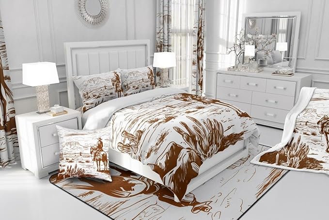 Western Comforter Set Full, Farmhouse Cowboy Bedding Set Western Bedding, Country Southwest Desert Down Comforter, American Wild Cactus Duvet Insert, Vintage Hand Drawn Print 3Pcs Quilt for Boys Men